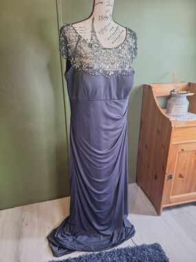 Xscape Slate Blue Embellished Lace Yoke Maxi Dress